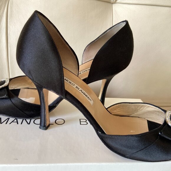 Manolo Blahnik Black Satin Crystal Jeweled Peep-Toe D'Orsay Pumps - Picture 6 of 10